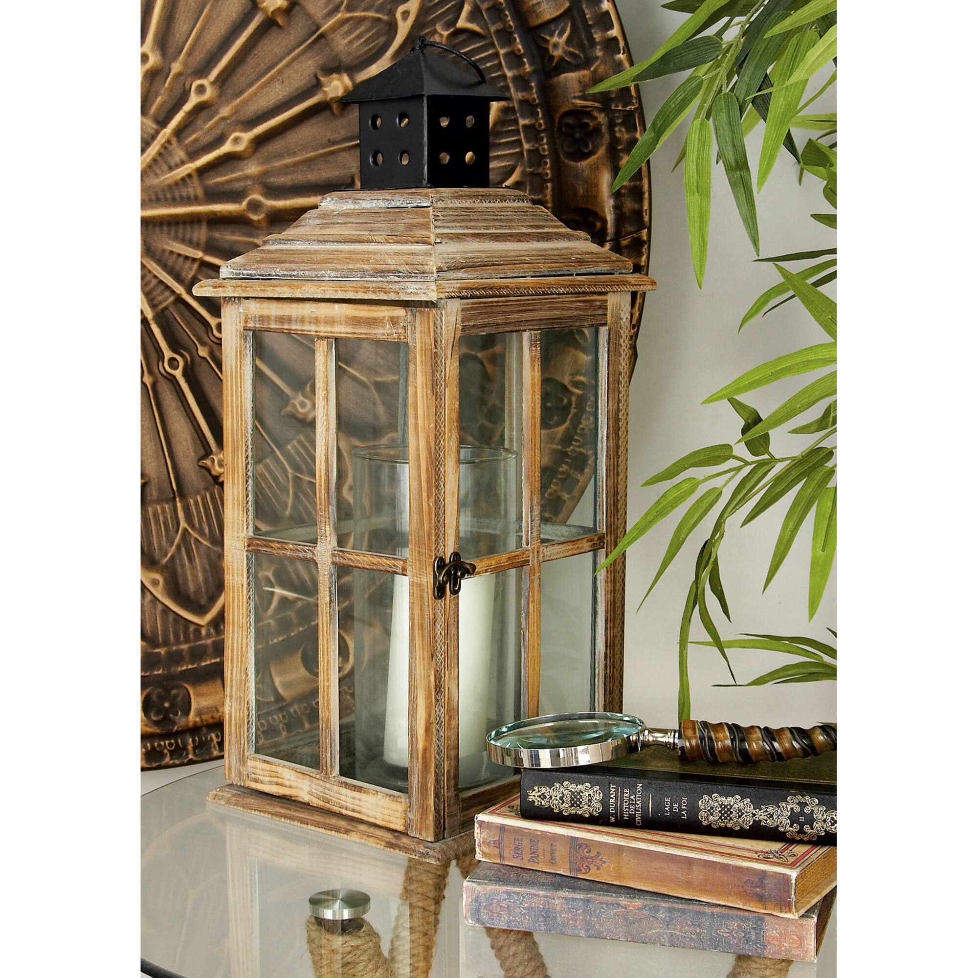 23" Brown Chinese Fir Traditional Candle Holder Lantern
